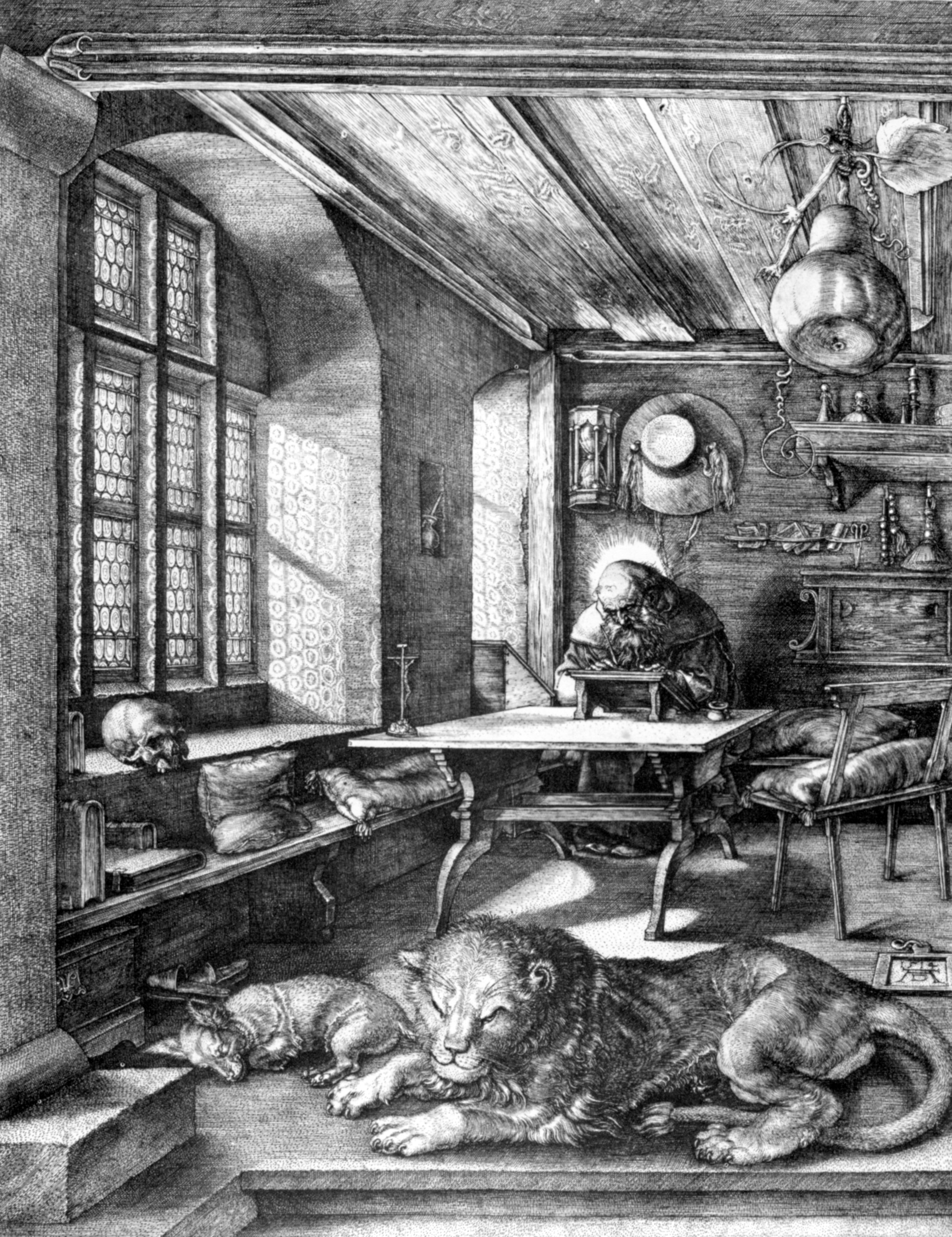 Albrecht Dürer memorialized Jerome's courage to dissent in his famous woodcut Saint Jerome in His Study featuring a dried gourd hanging from the rafters which represents access to the chakras above the head, the skull victory over death, the aura above the head mastery of infinite energy from the antahkarana and the Lion and the Lamb lying together in Peace - the result of Enlightenment.